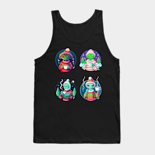 Pack of four Christmas aliens drinking coffee Tank Top